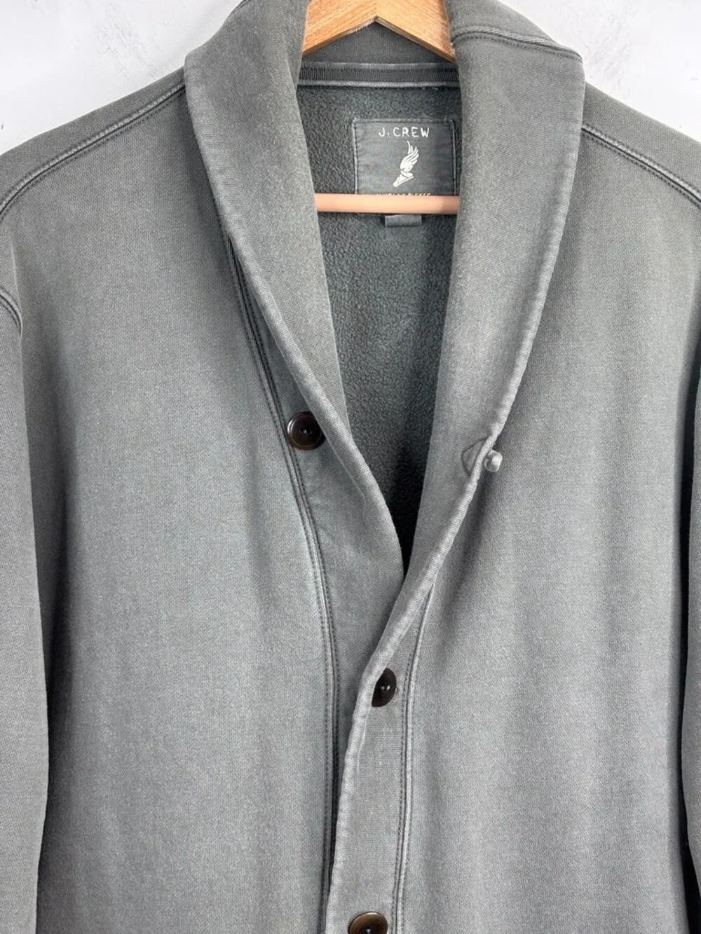 J Crew Vintage Fleece Shawl Collar Cardigan Mens XL Sage Green Cotton Pockets